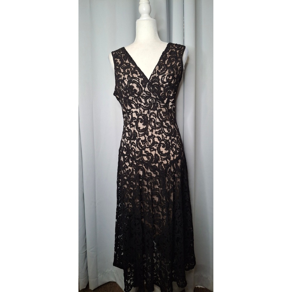 K Studio Collection Black Lace Surplice V-Neck Midi Dress Nude Lining Size 12 - Picture 6 of 16